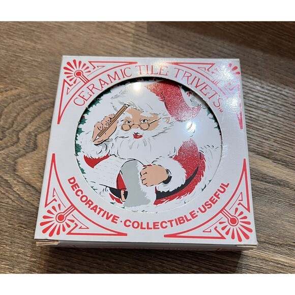 Jasco 1981 Vintage Christmas Ceramic Tile Trivets 2 Santa Claus White Red 4”x4” - Picture 4 of 5